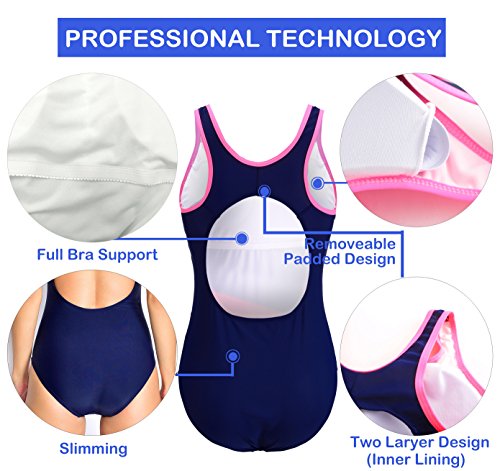 EBMORE Womens One Piece Swimsuit Bathing Suit Chlorine Resistant for Athletic Sport Training Exercise(Pink & Navy 10-12)