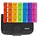 Vive Weekly Pill Organizer 4 Times a Day - 7 Days Pill Boxes for Morning, Noon, Evening, Night - Extra Large Medicine, Vitamin & Supplement Dispenser with Premium Leather Case and Splitter Cutter