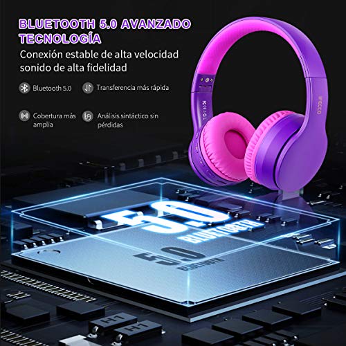 Ifecco Bluetooth Estéreo Auriculares Música sobre-oído Sonido de Alta fidelidad, Bluetooth Banda para la Cabeza Plegable con micrófono y Cable de Audio (Morado Oscuro)