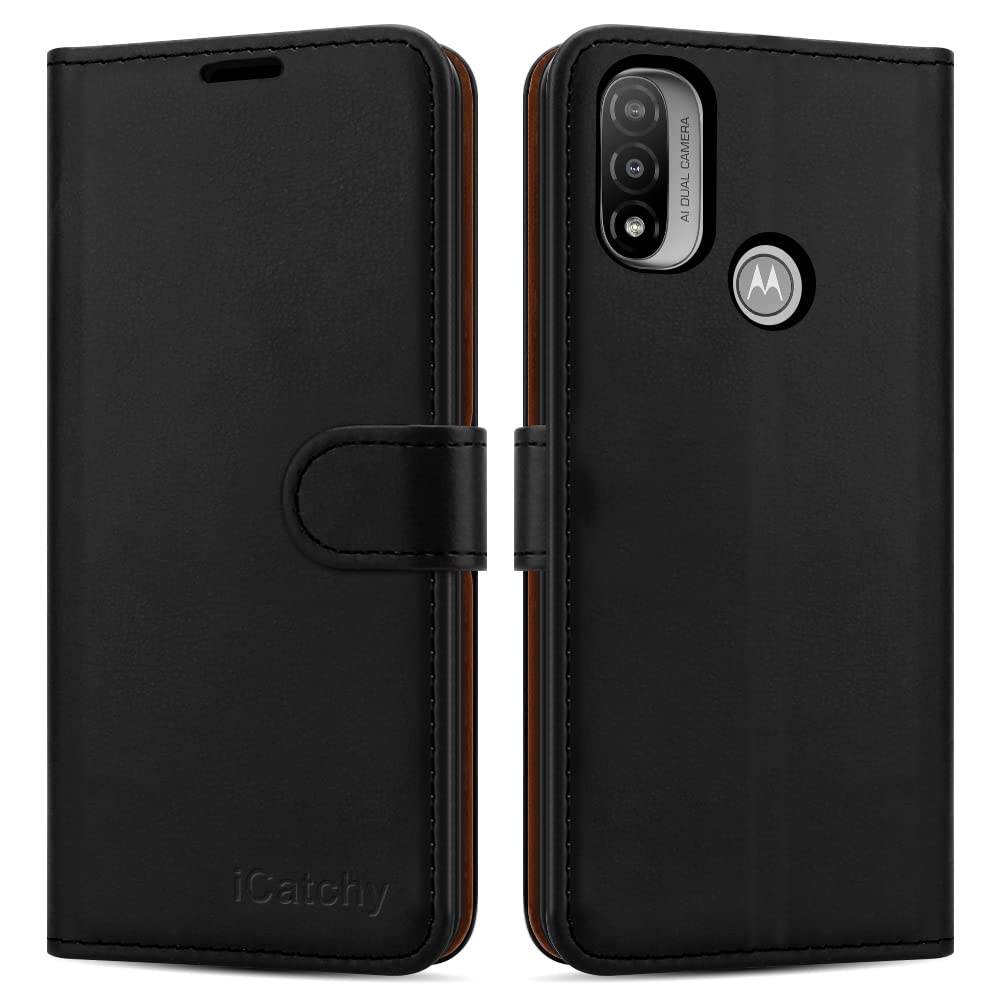 iCatchy for Motorola Moto E20 / E30 / E40 Case Leather Wallet Book Flip Folio Stand View Magnetic Closure with Card Slots Cover (Black)
