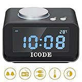 Alarm Clock Radio,ICODE Digital Alarm Clock with FM Radio,5 Dimmer, Dual USB Charge,Indoor Thermometer Fuction,Large LCD Display (Black)