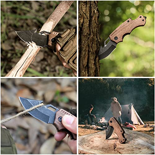 Flissa Mini Folding Pocket Knife, 2.5-Inch Stainless Steel Drop Point Blade, EDC Pocket Knives for Men with Bottle Opener and Glass Breaker (Wood)