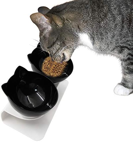 HanDingSM 15°Tilted Platform Double Bowl Cat and Dog Feeder,Elevated Double Cat Bowl,Small Dog Bowl,Anti-skid Bowl Protection Pet Cervical Vertebra (Black)