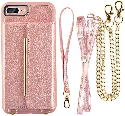 iPhone 7 Plus Card Holder Case with Strap and Crossbody Strap, CUSTYPE Shockproof iPhone 7 Plus Wallet Case with Chain, Mini Crossbody Bag iPhone 8 Plus Case with Card Holder for Women - Rose Gold