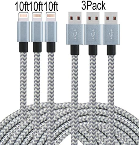 Frieso 3pcs 10ft Nylon Braided Lightning to USB Charging Cable for iPhone 7, 7 plus, 6s 6 Plus 5s 5c 5,iPhone SE, iPad Pro, Air 2, iPad mini 4 3 2, iPod touch 5th gen / 6th gen / nano 7th gen (Gray)