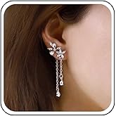 Andelaisi Vintage CZ Tassel Drop Earrings Silver Waterdrop Crystal Dangle Earrings Long CZ Chain Earrings Boho Crystal Flower Stud Earrings Jewelry for Women