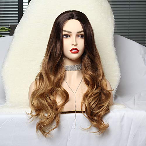 N&T Long Wavy Wigs for White Women Ombre Brown Heat Resistant Synthetic Hair Wig(28inch)