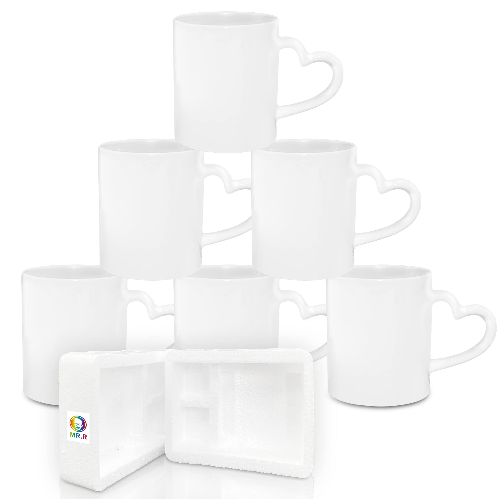 MR.R Sublimation Blanks Dishwasher White Ceramic Coffee Mugs 11oz Blank Ceramic Classic Drinking Cup Mug with Heart Handle for Milk Tea Cola Water, Set of 6