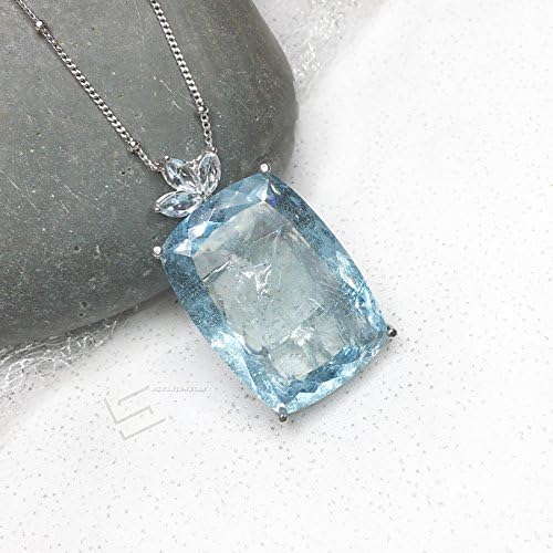 43Ctw. Untreated Aquamarine Pendant Necklace, Cushion Cut Genuine Aquamarine And Sterling Silver Omega Wire, Aquamarine 925 Silver Necklace