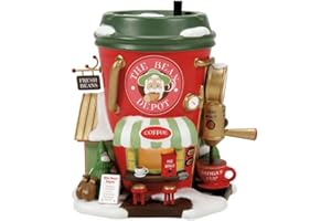 Department 56 North Pole Village Collection The Bean Depot Espresso Company Lit Building- Hand Crafted Painted Porcelain Coffee Shop Christmas Village Houses with Lights Home Decor Buildings, 5.5 Inch