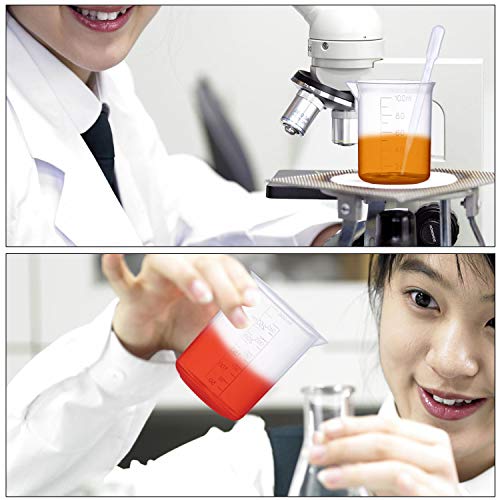 Plastic Beaker Set, 5 Sizes Low Form Measuring Graduated Griffin Polypropylene Beakers in 500 ml, 250 ml, 100 ml, 50 ml, 25 ml for Laboratory, Science Experiments with 5 Plastic Droppers in 3 ml。