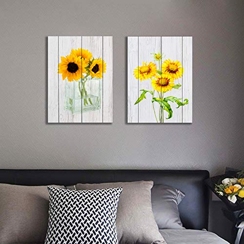 Yellow Flower Wall Decor for Living Room 12×16 Inches 2 Panels Framed Sunflowers Canvas Wall Art Golden Floral Prints Artwork Botanical Grey Wood Bedroom Wall Decoration Painting Decorative Beige Wall Picture