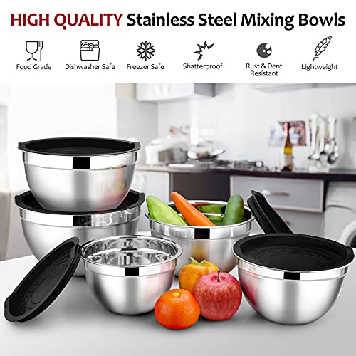 Efar Mixing Bowls with Lids Set of 5, Stainless Steel Black Mixing