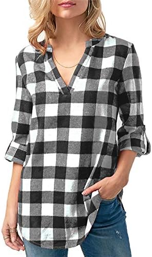 Women's Check Plaid Shirts V Neck Roll Up/Long Sleeve Casual Blouse Tops