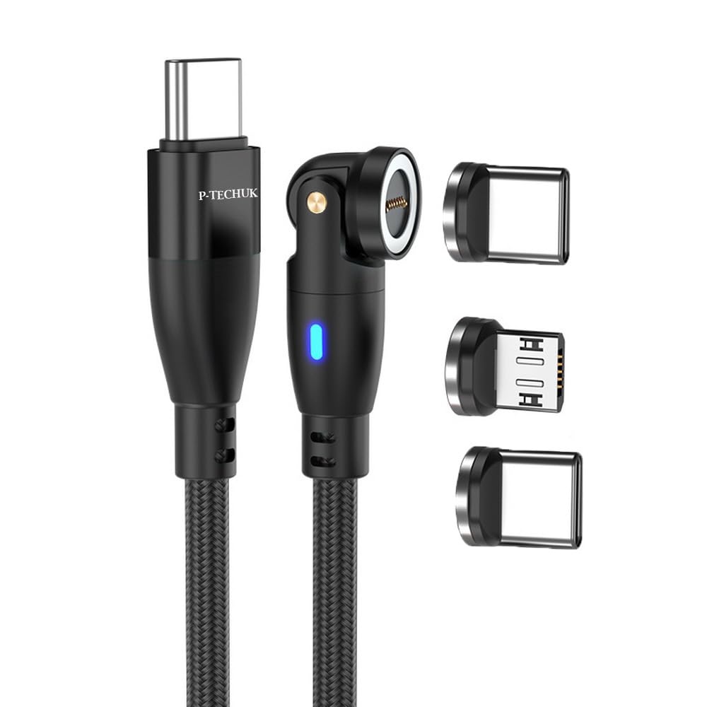 P-TECHUK 60W Rotating Super Fast USB C Magnetic Charging Data Cable compatible with all Devices. A18 Black (2M Cable + 3 x Tips)