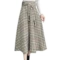 Abetteric Womens Fall Winter Woolen Plaid Retro Long Belted Design Skirt