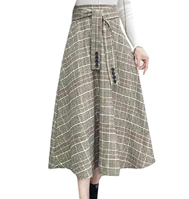 Abetteric Womens Fall Winter Woolen Plaid Retro Long Belted Design Skirt