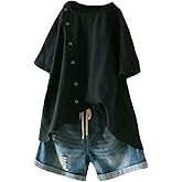 Minibee Women's Linen Blouse Tunic Short Sleeve Shirt Tops With Buttons Decoration