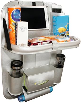 HOOPEN Car Back Seat Organizer with Tablet Holder and Folding Table Multi-Pocket Travel Storage for Bottles, Napkins, Phones and Journals Made of PU Leather (Silver)