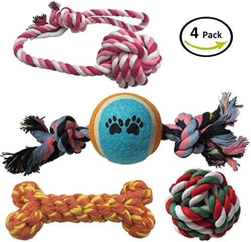Kanee Interactive Cotton Rope Doggie Toys for Chewing and Playing -Rope Bone/Rope with Ball / Rope Ball / Chew Toys for Small Pet Gift Set 4 Pack
