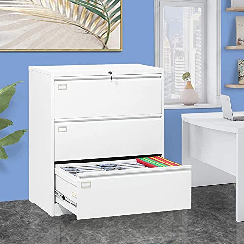 3 Drawer Lateral File with Lock, White Lateral Filing