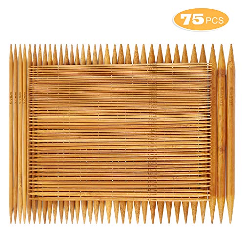 RELIAN Double Pointed Knitting Needles - 75 Pcs Bamboo Knitting Needles Set, 15 Sizes from 2.0mm-10.0mm, 8 Inches Length, Ideal for Socks, Gloves, Hats and Scarfs