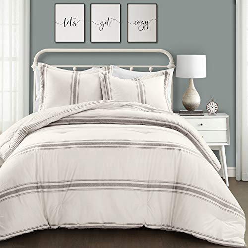 Lush Decor Farmhouse Stripe Wende-Bettwäsche-Set, Baumwolle, 3-teilig, Kingsize, Grau, gestreifte Steppdecke, Schlafzimmer-Dekor