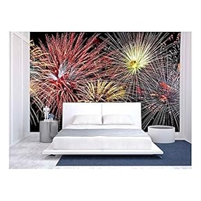 Colorful Panoramic View of Fireworks Over Night Sky - Removable Wall Mural | Self-Adhesive Large Wallpaper - 66x96 inches