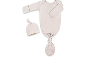 MIKCCER Newborn Knotted Baby Gown 0-6 Months, Super Soft Breathable Nightgowns for Babies Girl and Boy, Baby Girls Coming Home Hospital Outfit with Hat Set Oatmeal