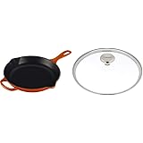 Le Creuset Enameled Cast Iron Signature Iron Handle Skillet, 10.25" (1-3/4 qt.), Flame & Signature Glass Lid with Stainless S