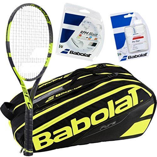 Rafael Nadal Babolat Tennis Racquet, Bag, String and Overgrip Bundle Pack (Grip Size 4 1/4-inch)