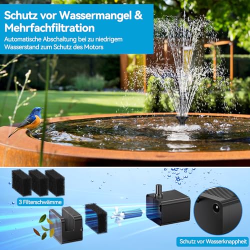 POPOSOAP Solar Fountain 8 W with 3600 mAh Backup Battery, Dry Run Protection Water Pump for Pond, Bird Tray, Aquatic Decor