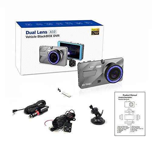 Dash Cam 4” LCD Screen Full HD 1080P 290 Wide Angle Dashboard Dual Camera Front and Rear Car DVR with Night Vision, WDR, G-Sensor, Loop Recording, Parking Monitor, Motion Detection
