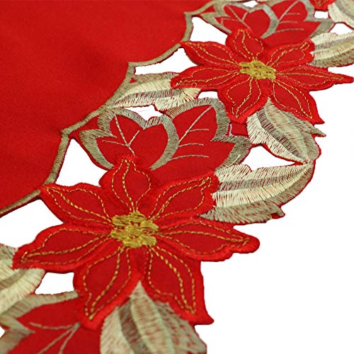 YOSICHY Christmas Embroidered Table Runner Luxury Poinsettia and Holly Table Runner for Xmas Decorations 15x69 Inch (Red) - Thumbnail 2