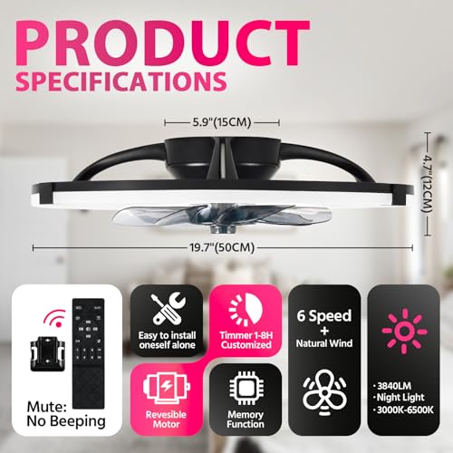 Lujeet Ceiling Fans with Lights Low Profile, 19.7'' LED Ceiling Fan with Remote & APP, 3CCT Dimmable Ceiling Fan with Light Flush Mount, Reversible 6 Speeds Ceiling Fan with Light for Bedroom Black