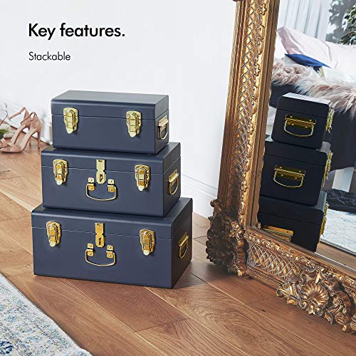 Beautify Set of 3 Navy Blue Vintage Metal Steel Storage Trunk Set Lockable and Decorative with