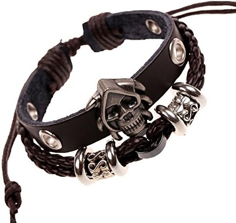 On The Journey Punk Skull Pirate captain Adjustable Braided Leather Wrap Bracelet Brown