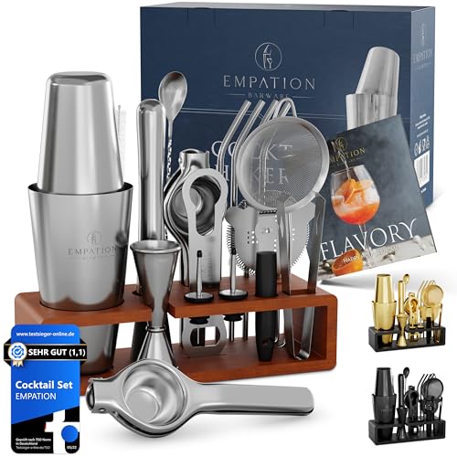 EMPATION Cocktail Set [TESTSIEGER] 825ml Boston Cocktail Shaker aus Edelstahl, leicht zu öffnen & kein Verklemmen, Profi Shaker Set mit Ständer & Reze