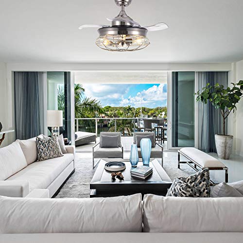 36 Inch Brushed Nickle Iron Caged Retractable Ceiling Fan, Vintage Cage