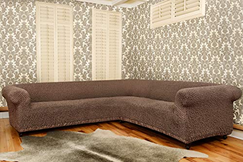Sectional Sofa Cover - Corner Couch Cover - Corner Slipcover - Cotton Fabric Slipcovers - 1-piece Form Fit Stretch Furniture Slipcover - Mille Righe Collection - Camel (Corner Sofa)