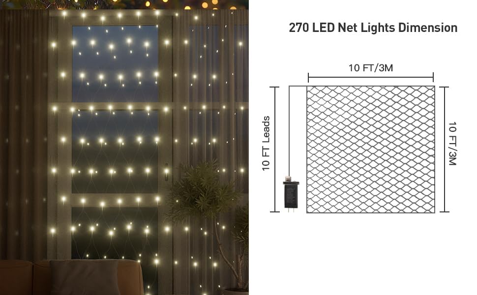 Leisure world 3m x 3m LED Net Lights Plug in Mesh Fairy Lights Outdoor String Lights 8 Modes Waterproof 270 LED Light with Timer for Pergol,Gazebo,Trees, Bushes, Garden, Outdoor Christmas Decorations