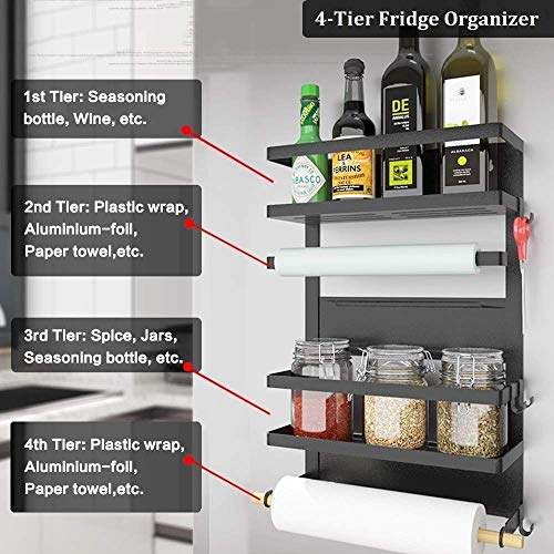 Refrigerator Organizer 4 Tier Magnetic Fridge Spice Rack Paper Towel Holder Multi-purpose Storage Shelf with 5 Hooks, Black