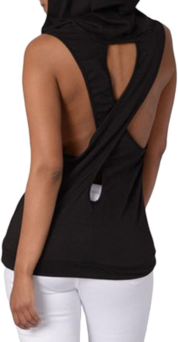 Elosele Womens Hooded Sleeveless Top Back Cross Casual Tee Shirt with Packet