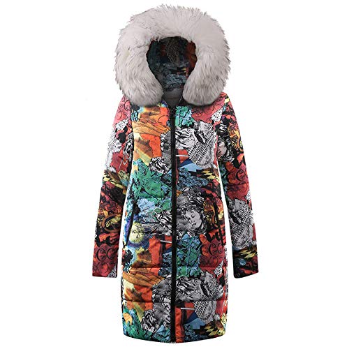 AOJIAN Women Jacket Long Sleeve Outwear Warm Faux Fur Collar Hooded Graffiti Print Quilted Zipper Coat White - Thumbnail 7