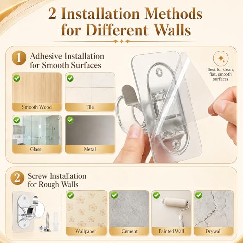 Wosyoodo 4 Ganchos para Cortinas Sin Taladrar con Tornillos - Soporte Invisible Transparente para Barra de Cortina (Hasta 20 lb), para Barra Ø 1.5-3.3 cm, Ideal para Cortinas y Toallas