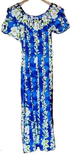 Polynesian Cultural Center Hawaiian Muumuu Dress For Women Full Length Double Ruffle (Extra Large, Ginger Blue) - Shipped From Hawaii