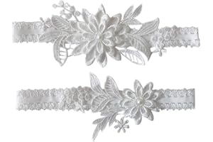 Wedding Garters for Bride Bridal Lace Garter Set Floral Leg Ring with Hand Sewn Faux Pearls