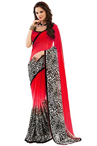 Jaanvi Fashion Red Printed Chiffon Saree