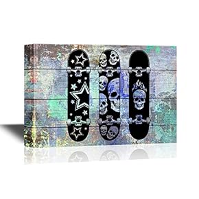 Skateboard Canvas Wall Art - Skateboard with Skulls on Vintage Wood Style Background - Gallery Wrap Modern Home Art | Ready to Hang - 12x18 inches