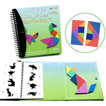 Tangram Game Travel Games 176 Magnetic Puzzle and Questions Build Animals People Objects with 7 Simple Magnetic Colorful Shapes Kid Adult Challenge IQ Educational Book【2 set of Tangrams】